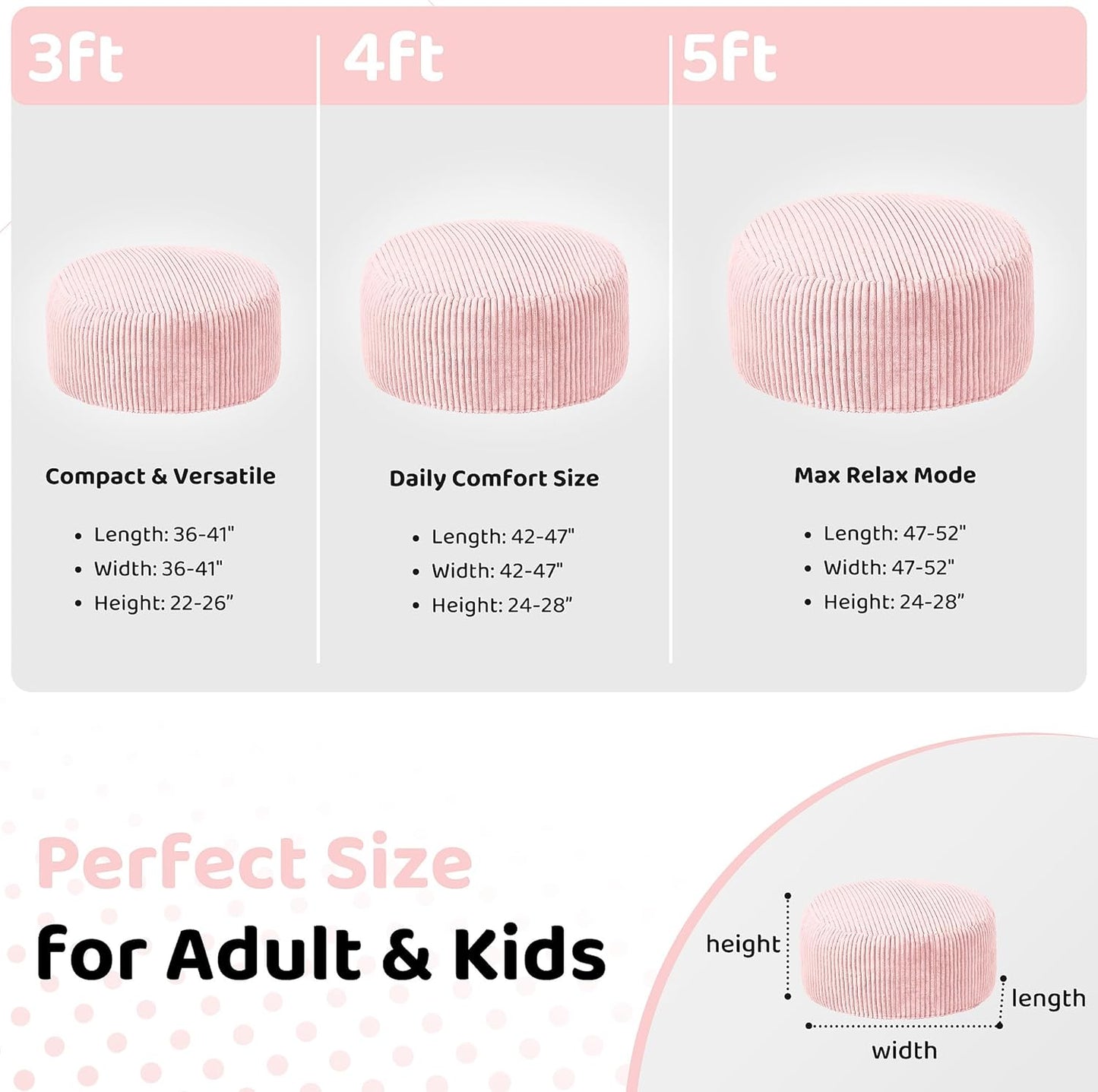 HABUTWAY 4FT Bean Bag Chair, 4' Large Bean Bag Chairs for Adults with Removable Stripe Plush Cover, Memory Foam Beanbag Chair for Living Room Bedroom Dorm (Tender Pink)