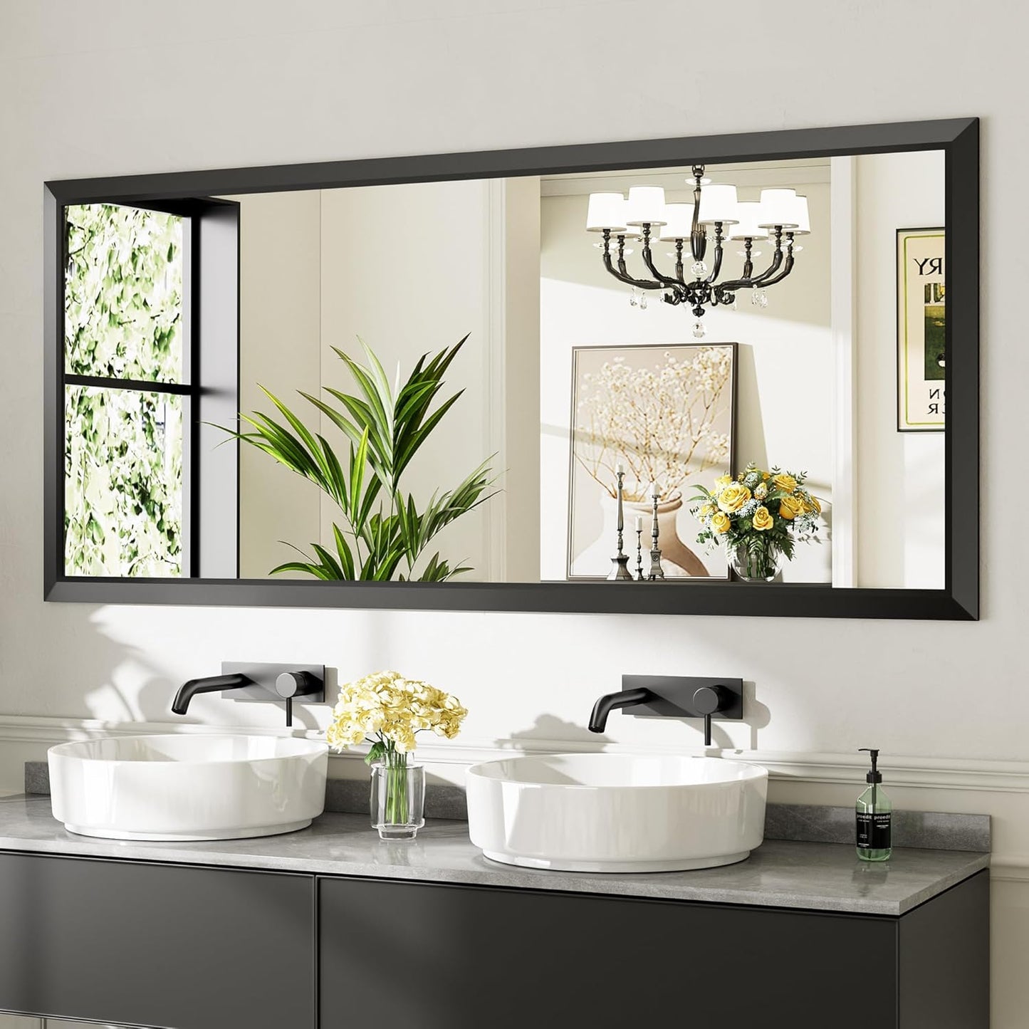 72x32 Inch Black Bathroom Mirror for Wall, Thick Metal Framed Rectangle Mirrors for Over Sink, Bedroom, Living Room, Entryway, Anti-Rust, HD Tempered Glass