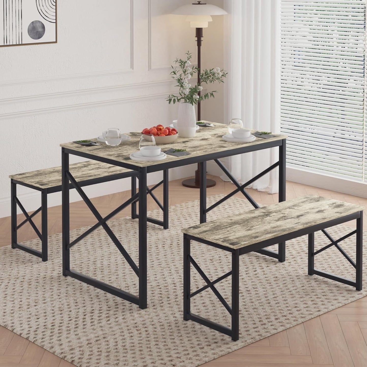 VECELO Kitchen Table with 2 Benches for 4, 43.3'' Wood Dining Room Dinette Sets with Metal Frame for Breakfast Nook and Small Space, Grey