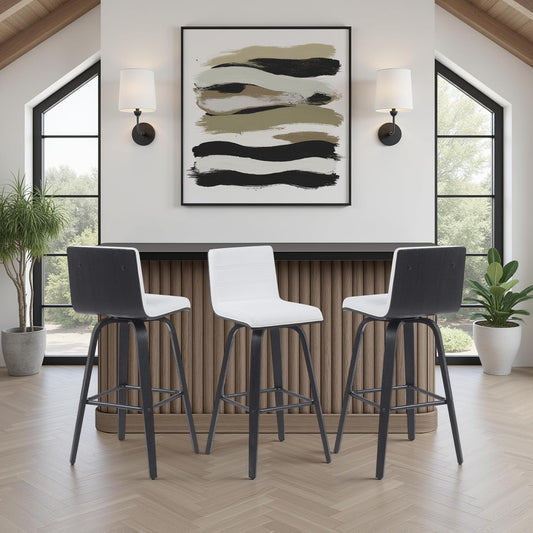 Vienna Modern Swivel Bar Height Stool with Snow White Faux Leather Seat and Black Brushed Wood Frame Set of 3