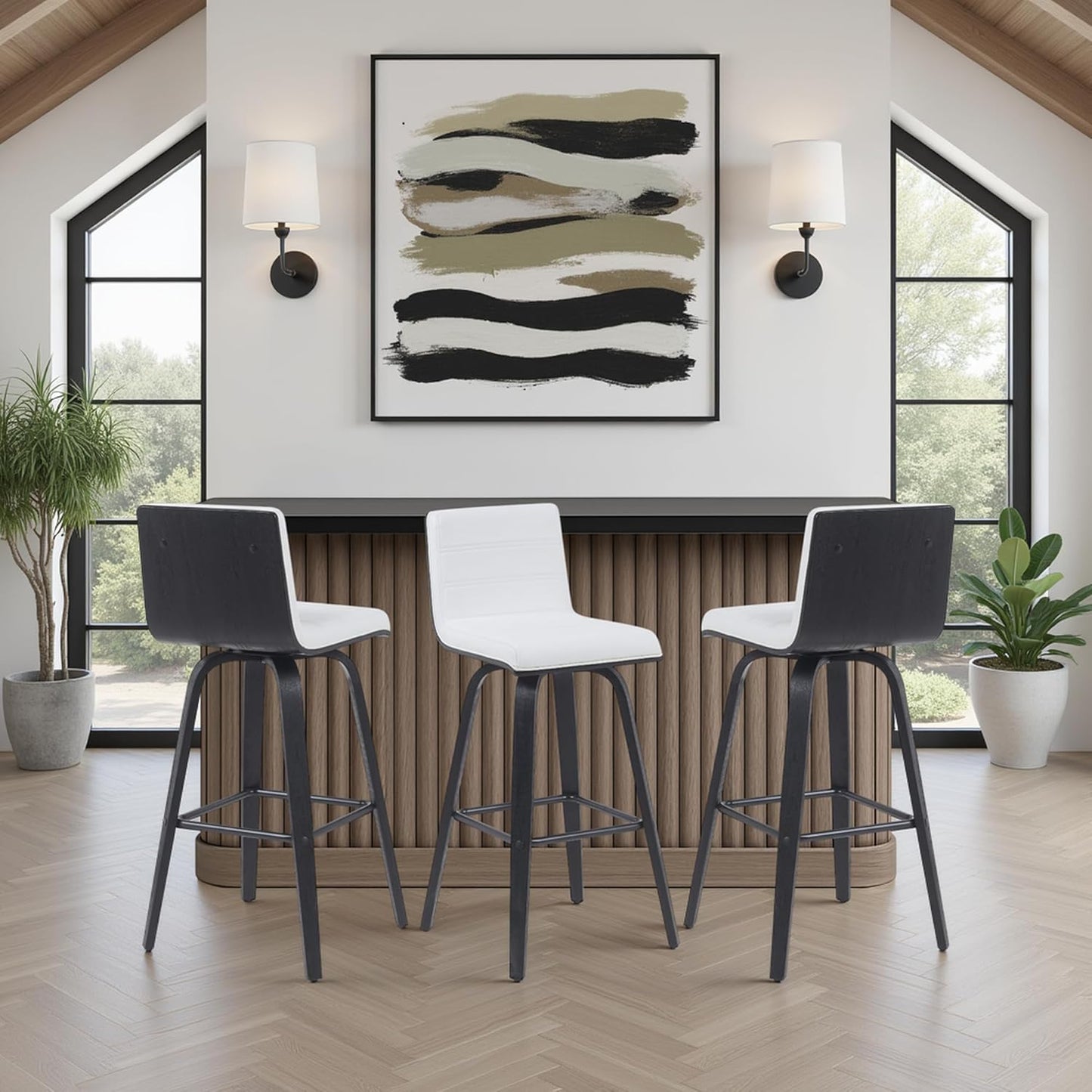 Vienna Modern Swivel Bar Height Stool with Snow White Faux Leather Seat and Black Brushed Wood Frame Set of 4