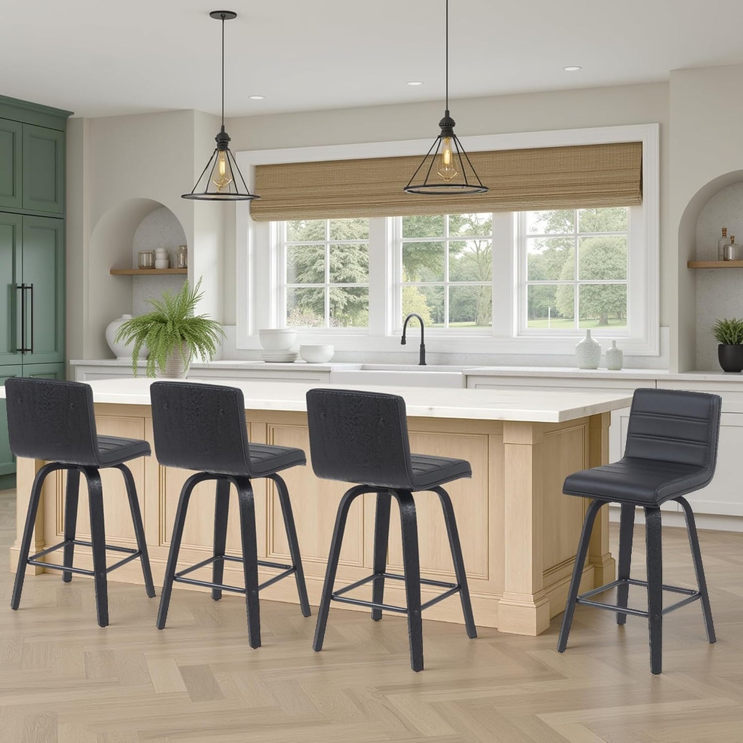 Vienna Modern Counter Height Swivel Bar Stool with Black Faux Leather Seat and Black Brushed Wood Frame Set of 2