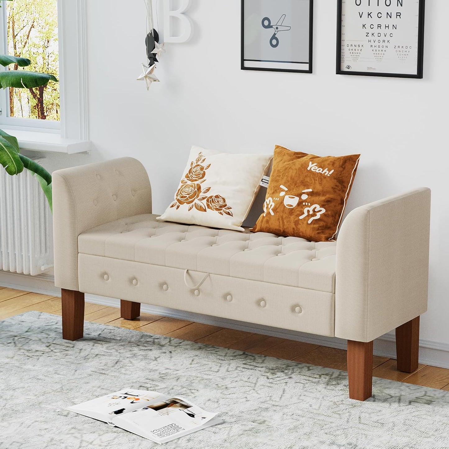 Awonde Storage Bench for Bedroom End of Bed Button Tufted Upholstered Bench Storage Ottoman Bench with Arms 52" Settee Bench Ivory Linen