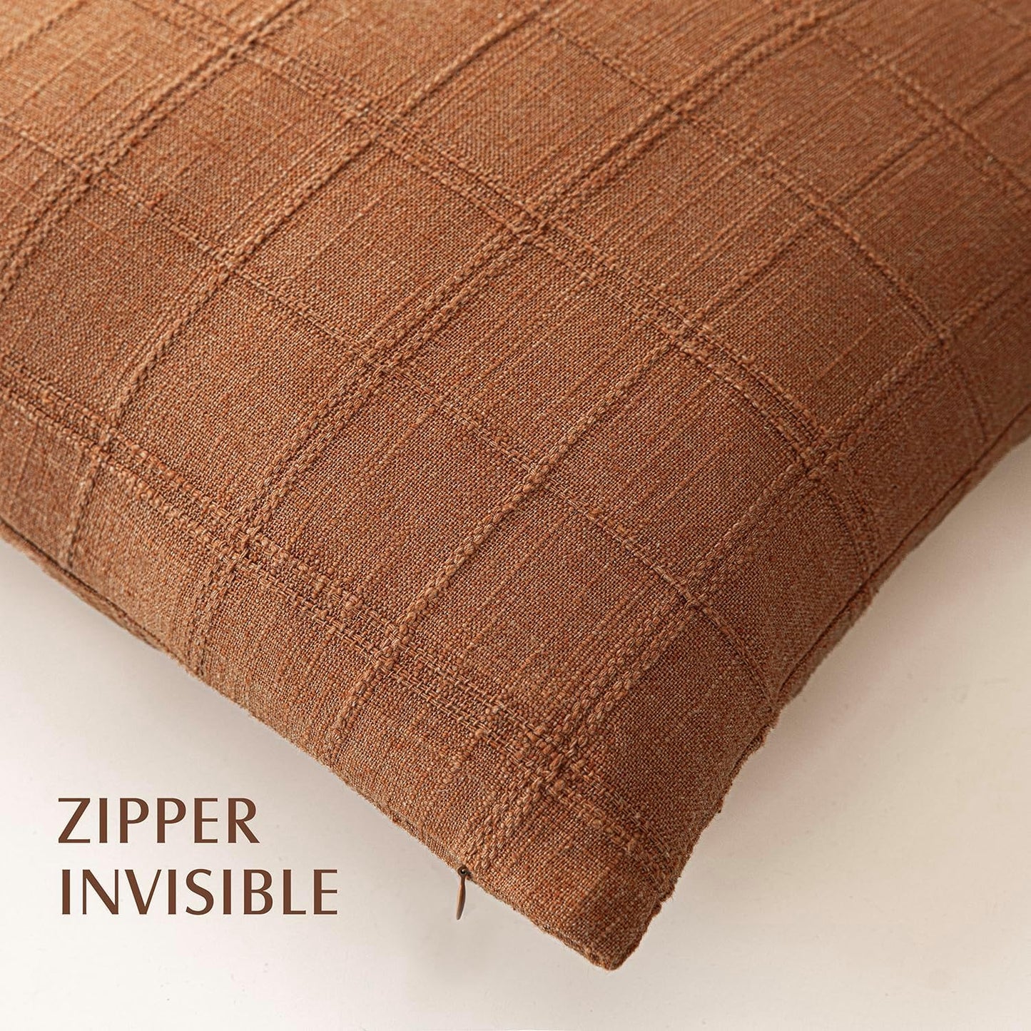 Foindtower Set of 2 Decorative Linen Check Throw Pillow Covers Neutral Farmhouse Vintage Cushion Covers Modern Boho Home Decor for Sofa Chair Couch Bedroom Living Room Outdoor,18×18 Inch,Orange