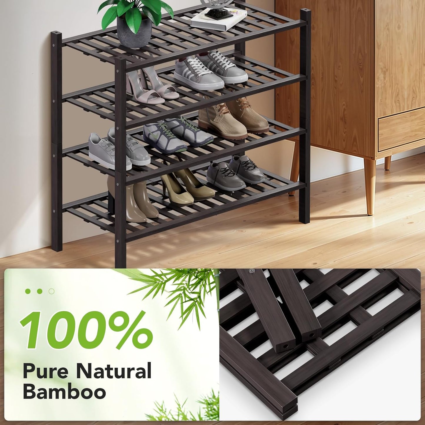 Haddockway 4 Tier Bamboo Shoe Rack Storage Organizer, Multifunctional Free Standing Stackable Shoe Shelf with Grid Panel for Closet,Hallway,Entryway,Small Space 27"x11"x26"(Brown, 4 Tier)