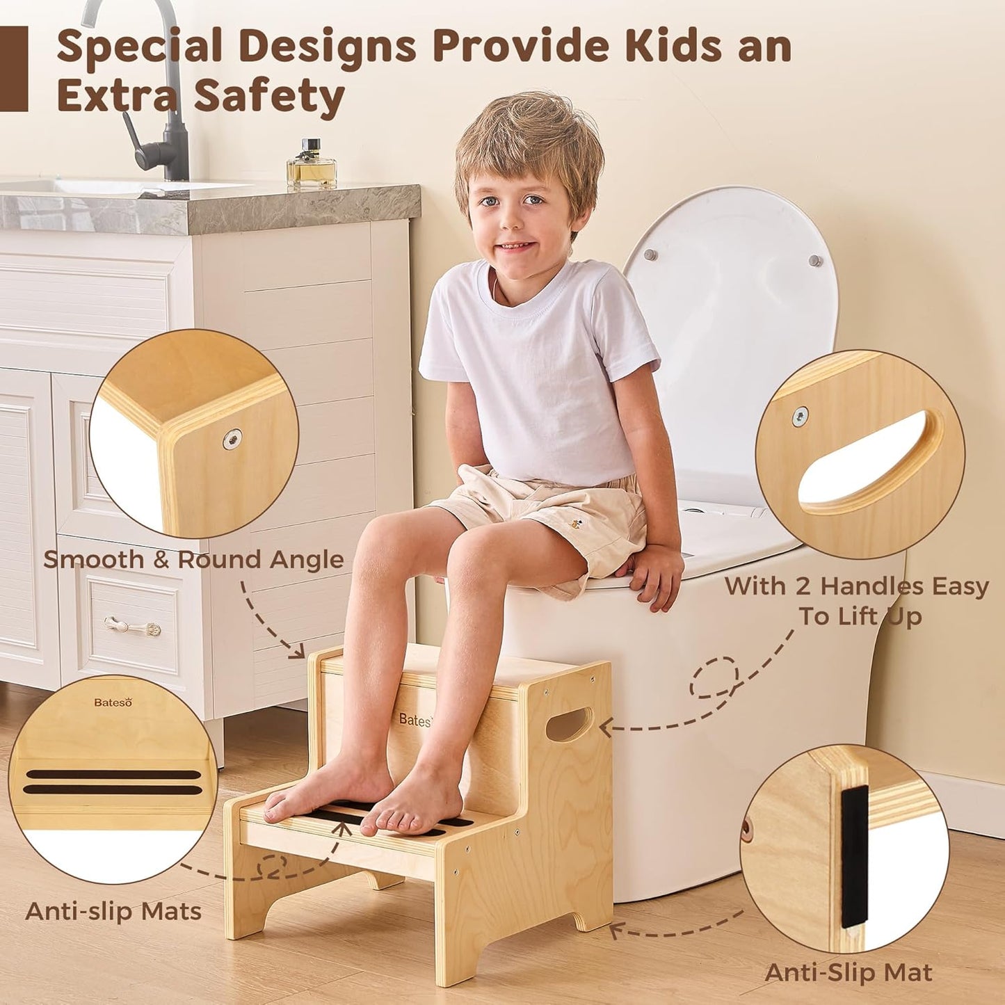 Step Stool for Kids, Wooden Toddler Step Stool with Non-Slip Mats for Bathroom Sink and Kitchen, Potty Training Stool with Handles for Toilet