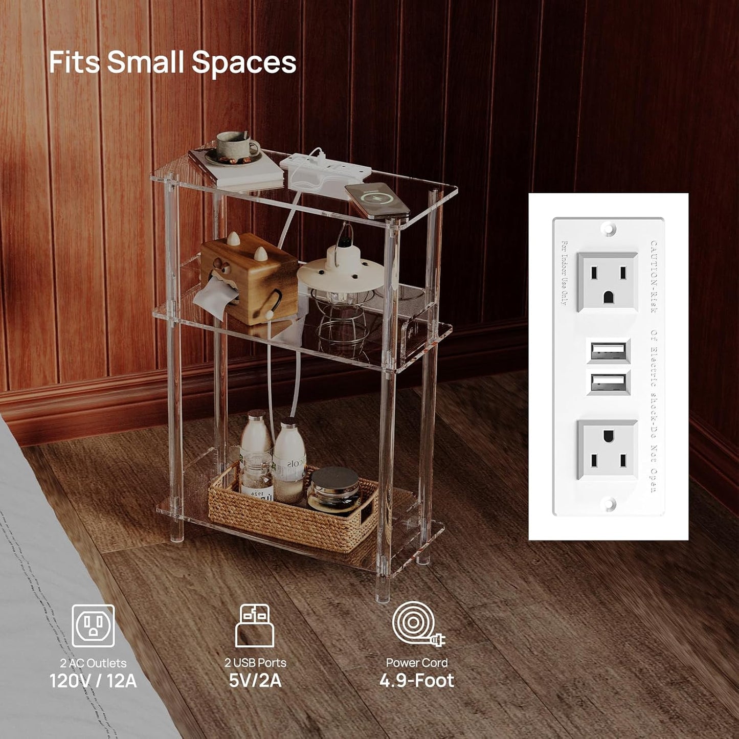 HMYHUM Acrylic Narrow Side Table with Charging Station, 7'' Width, 3-Tier Skinny End Table for Small Spaces, Clear Nightstand/Bedside Table with USB Ports Outlet, 15.7" L x 22.9" H