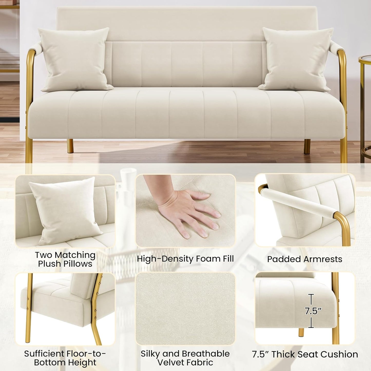 Yaheetech 56.5" W Modern Loveseat 2 Seater Sofa Luxurious Velvet Fabric Couch with Gold-Tone Metal Arms and Legs for Living Room, Home Office, Studio Beige