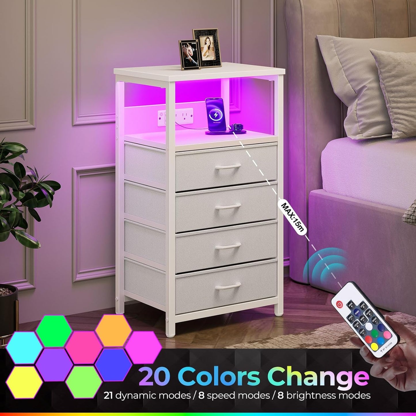 Seventable Night Stand with Charging Station, Tall Nightstand with 4 Fabric Storage Drawers, Side Table with LED Light for Bedroom, Entryway, White, Set of 2