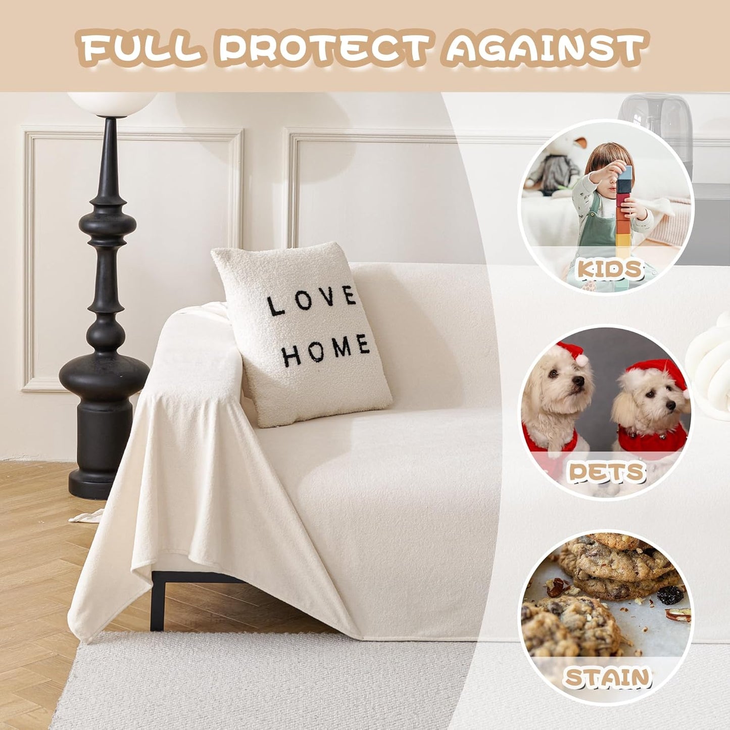 MYSKY HOME White Couch Covers for 3 Cushion Couch Sofa, Pet Friendly Dog Couch Cover Furniture Protector Cover Non Slip Soft Couch Sofa Cover, Sofa Covers Washable, 91" x 134"
