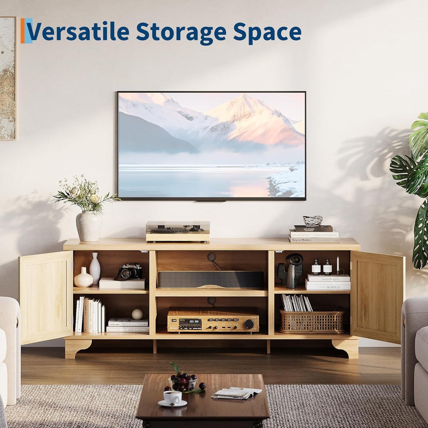 GarveeHome Rattan TV Stand for Living Room, Boho Entertainment Center for 55, 65, 70 Inch TV, Wooden Console Cabinet with Storage and Shelf, Natural Oak