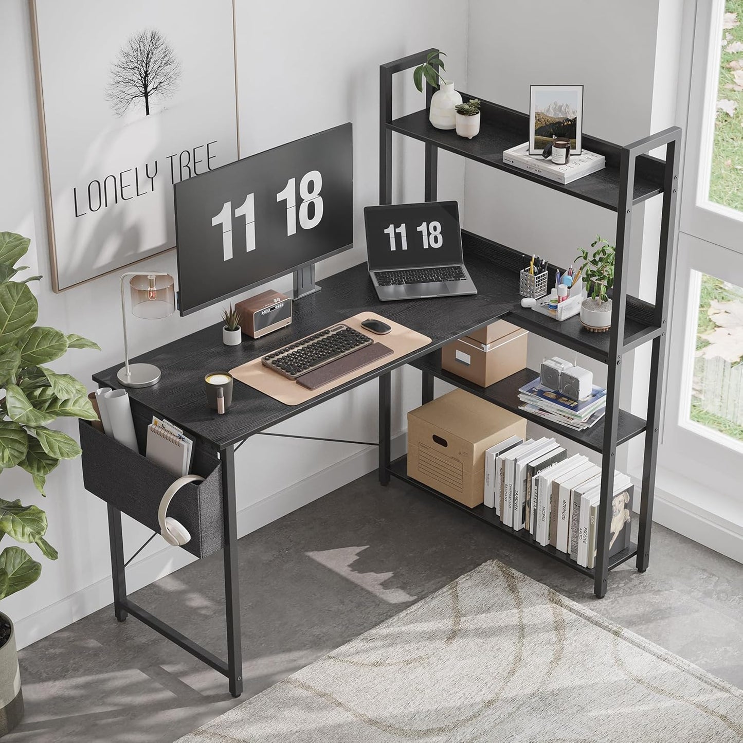 Treesland 55 Inch Computer Desk with Storage Shelves, L Shaped Desk with Storage, Corner Desk with Storage, Home Office Desks, Bookshelf Desk, Writing Study Desk for Bedroom, Black