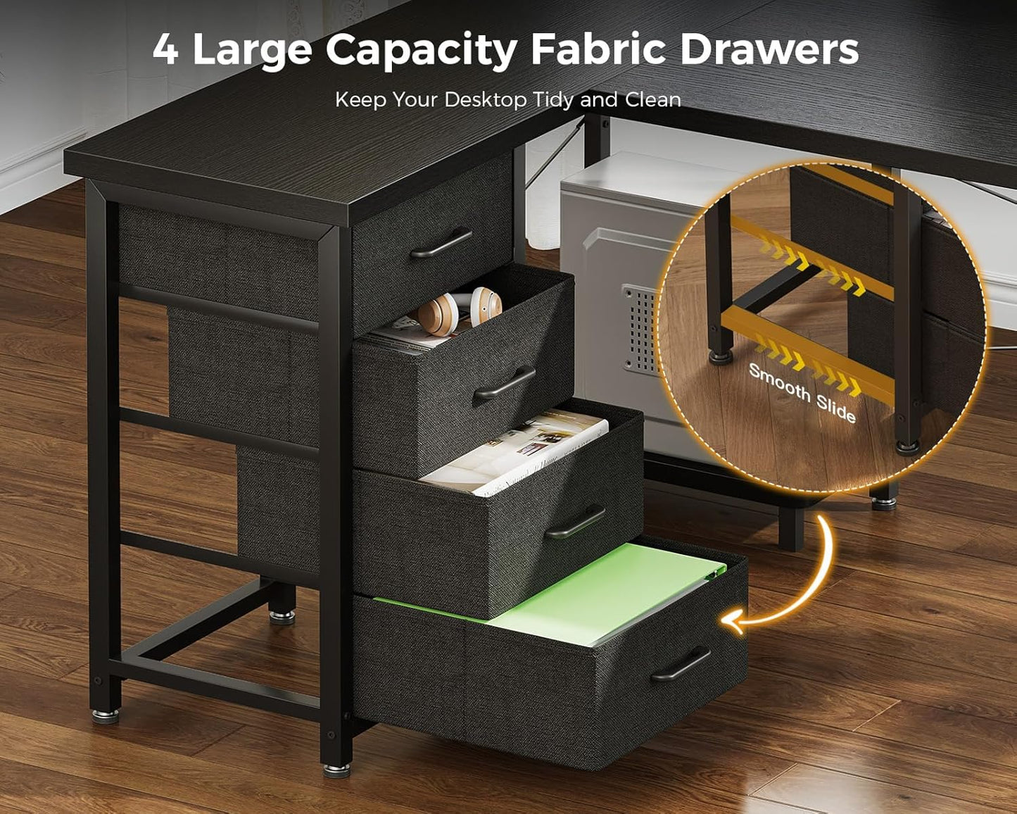 AODK L Shaped Gaming Desk with 4 Drawers, 61" Reversible Home Office Desks with Power Outlets, L Shaped Computer Desk with USB Charging Port and Host Stand, Corner Desk, Easy to Assemble, Black