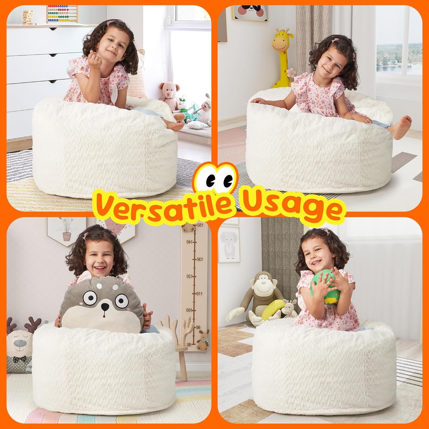 Hobestluk Bean Bag Chairs 2.5FT Bean Bag Chair with Memory Foam Filled & Chevron Plush Fur Cover Small Bean Bag Chairs for Playroom, Living Room, Bedroom (White)