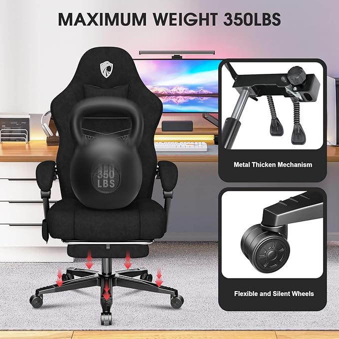 Gaming Chair, Fabric Computer Office Chair with Massage, Ergonomic Chair with Footrest Lumbar Support, Pocket Spring Widened Cushion Metal Legs 350LBS Black