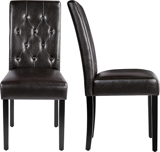 Yaheetech Dining Chairs Set of 2 Modern Style Faux Leather Dining Room Chairs with Solid Wood Legs and Button Tufted Padded for Home Kitchen, Brown