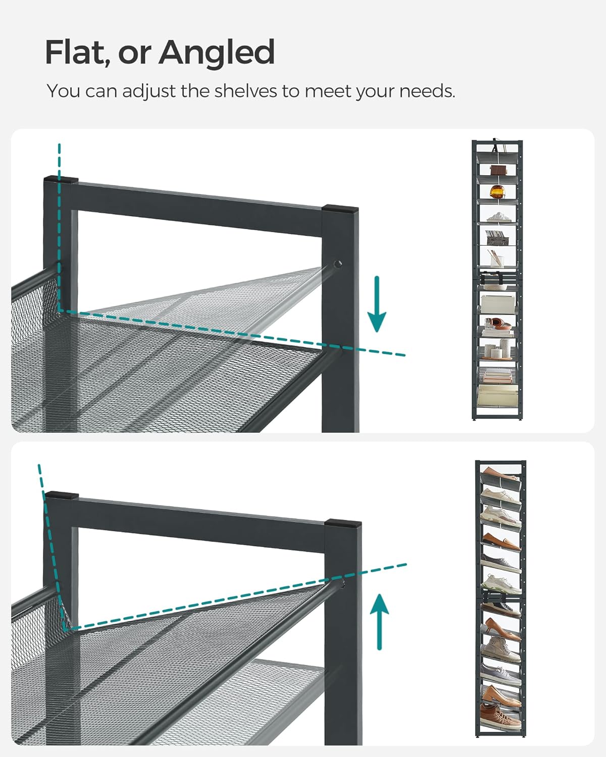 SONGMICS 12-Tier Stackable Shoe Shelf Set, Metal Shoe Storage for Garage, Entryway, with Adjustable Shelves, Hold 48-60 Pairs, Cool Gray ULMR12G01