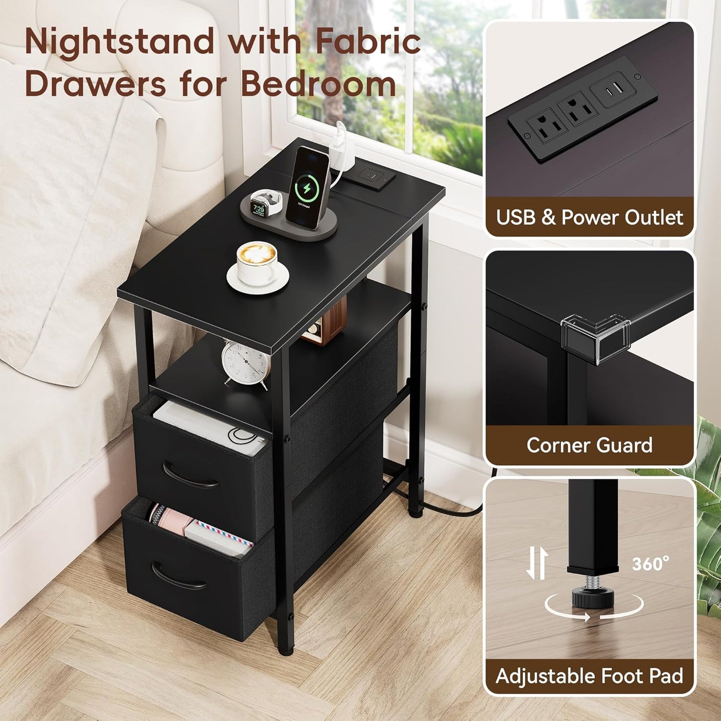 Vagusicc Black Nightstand with Charging Station and LED Lights, Narrow Side Table, LED Night Stand with 2 Fabric Drawers, Bedside Table with USB Ports and Outlets, Tall Nightstand for Bedroom, Black