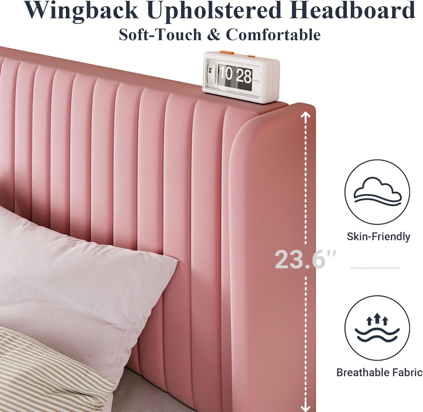 Allewie Full Size Velvet Bed Frame/Vertical Channel Tufted Wingback Headboard/Upholstered Platform Bed/Strong Wooden Slats/No Box Spring Needed/Easy Assembly/Pink