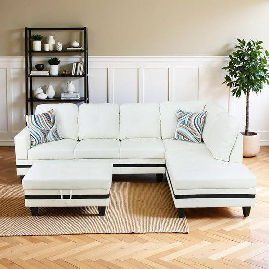 Osparple L Shaped Couch PU Leather Sectional Couch Upholstered 3 Pieces Sofas for Living Room with Chaise, Ottoman with Storage for Office and Small Apartment, Black and White