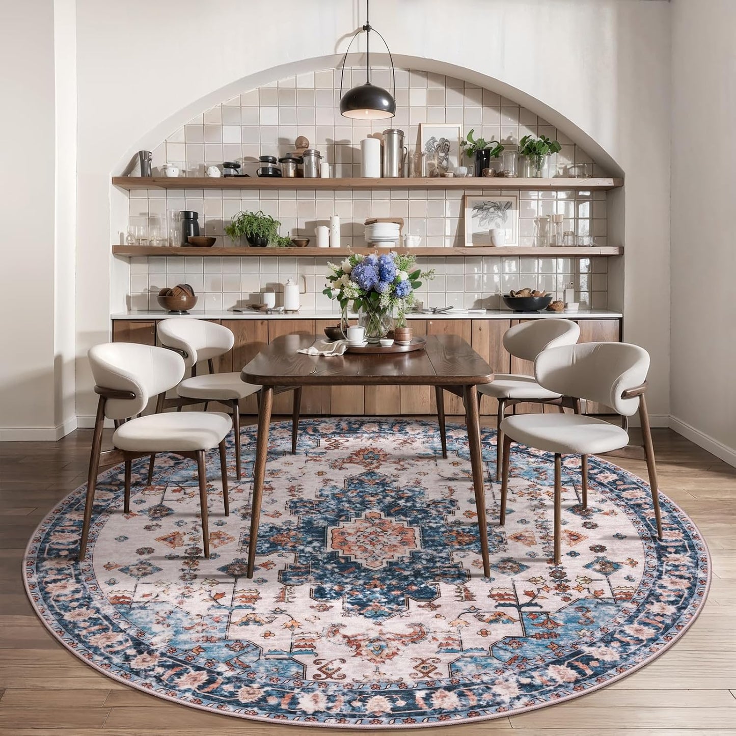 Tangsoo Vintage Round Rug 4ft, Washable Circle Rug, Non Slip Small Boho Round Rug, Low Pile Circular Rugs, Round Carpet for Bedroom,Entryway,Nursery,Dorm,Kitchen,Blue/Orange