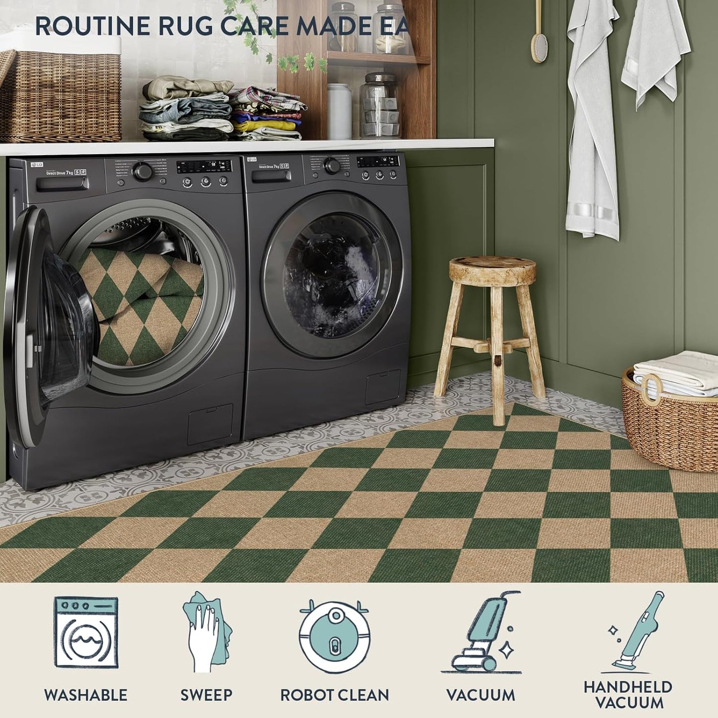 Lahome Checkered Outdoor Patio Easy Jute Rug, 3x5 Dark Green Washable Front Porch Door Rug, Farmhouse Indoor Outdoor Carpet Non Slip Non Shedding Carpet for Entryway Living Room Deck