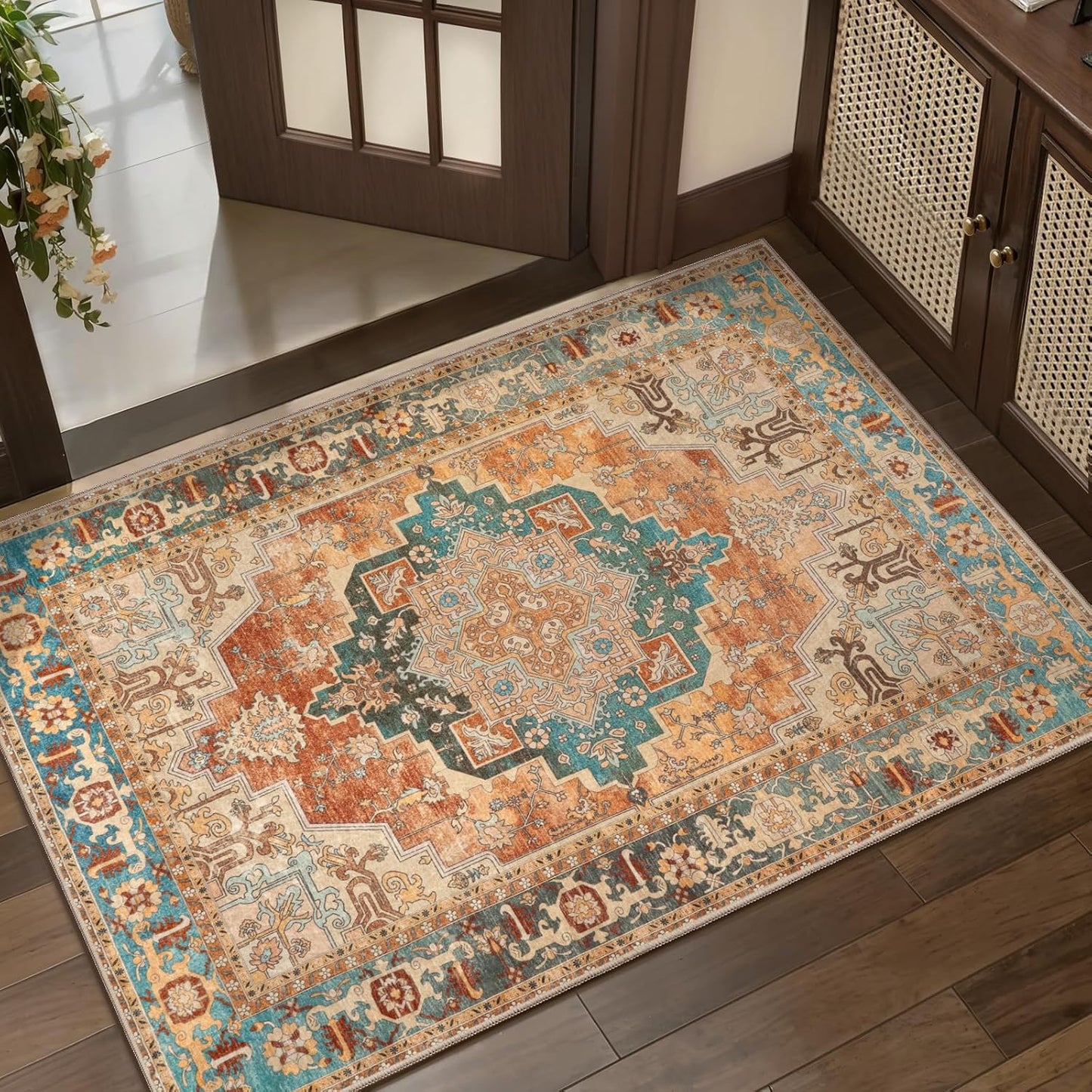 Tangsoo 2x3 Small Rug for Entryway, Washable Rugs Vintage Non Slip Small Area Rug, Indoor Front Door Rug, Print Distressed Door Mat Carpet, Soft Low Pile Rugs for Entry Entrance Kitchen Bedroom