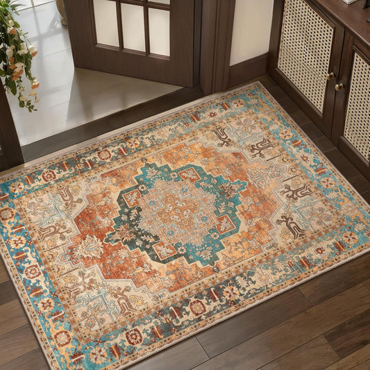 Tangsoo 2x3 Small Rug for Entryway, Washable Rugs Vintage Non Slip Small Area Rug, Indoor Front Door Rug, Print Distressed Door Mat Carpet, Soft Low Pile Rugs for Entry Entrance Kitchen Bedroom