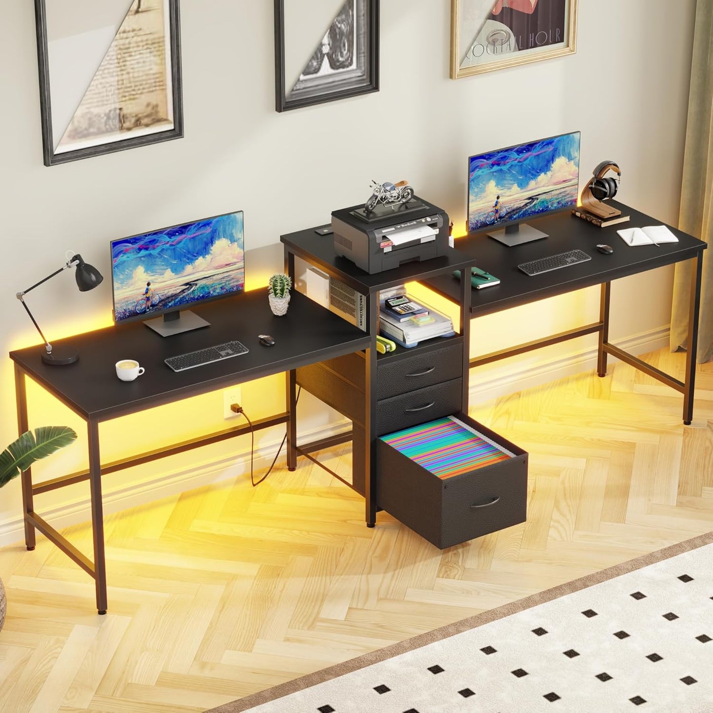 93'' Two Person Desk with Charging Station, Long Desk with 3 Drawers and Printer Shelf, Double Computer Desk, Fabric Drawers, 2 Person Writing Study Table Workstation for Home Office, Black