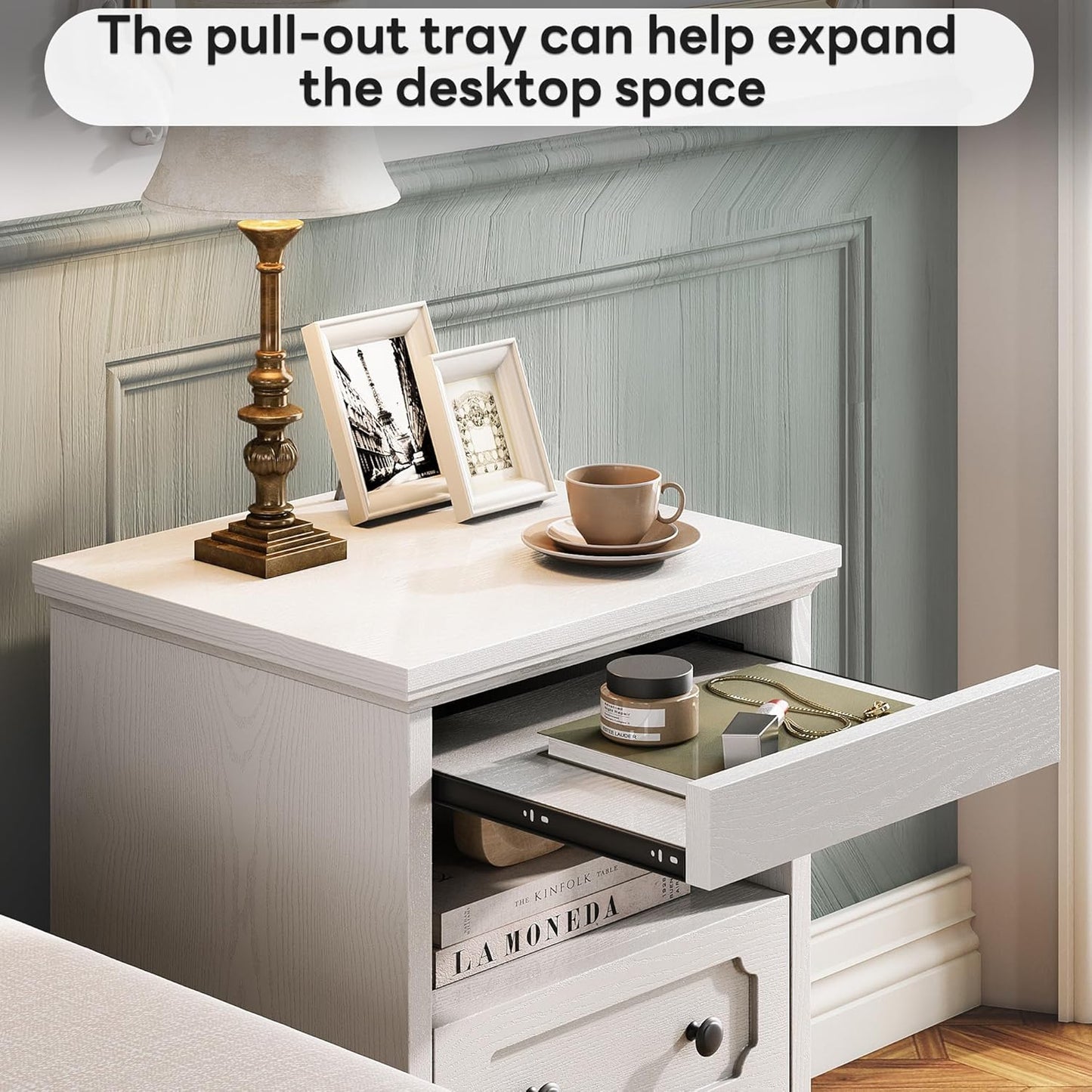 LIKIMIO Night Stand, Modern Bedside Table with 2 Drawers, Open Shelf, End Table with Pull-Out Tray, Wood SideTable, White