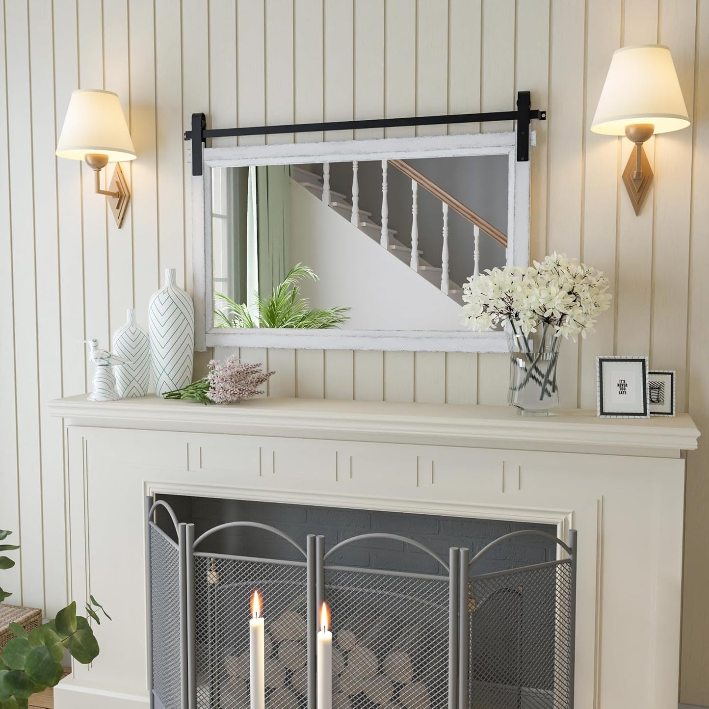 Bathroom Barn Door Mirror: 42"x28" White Farmhouse Wood Frame - Rustic Wall Mirror for Entryway/Living Room Wall Decor