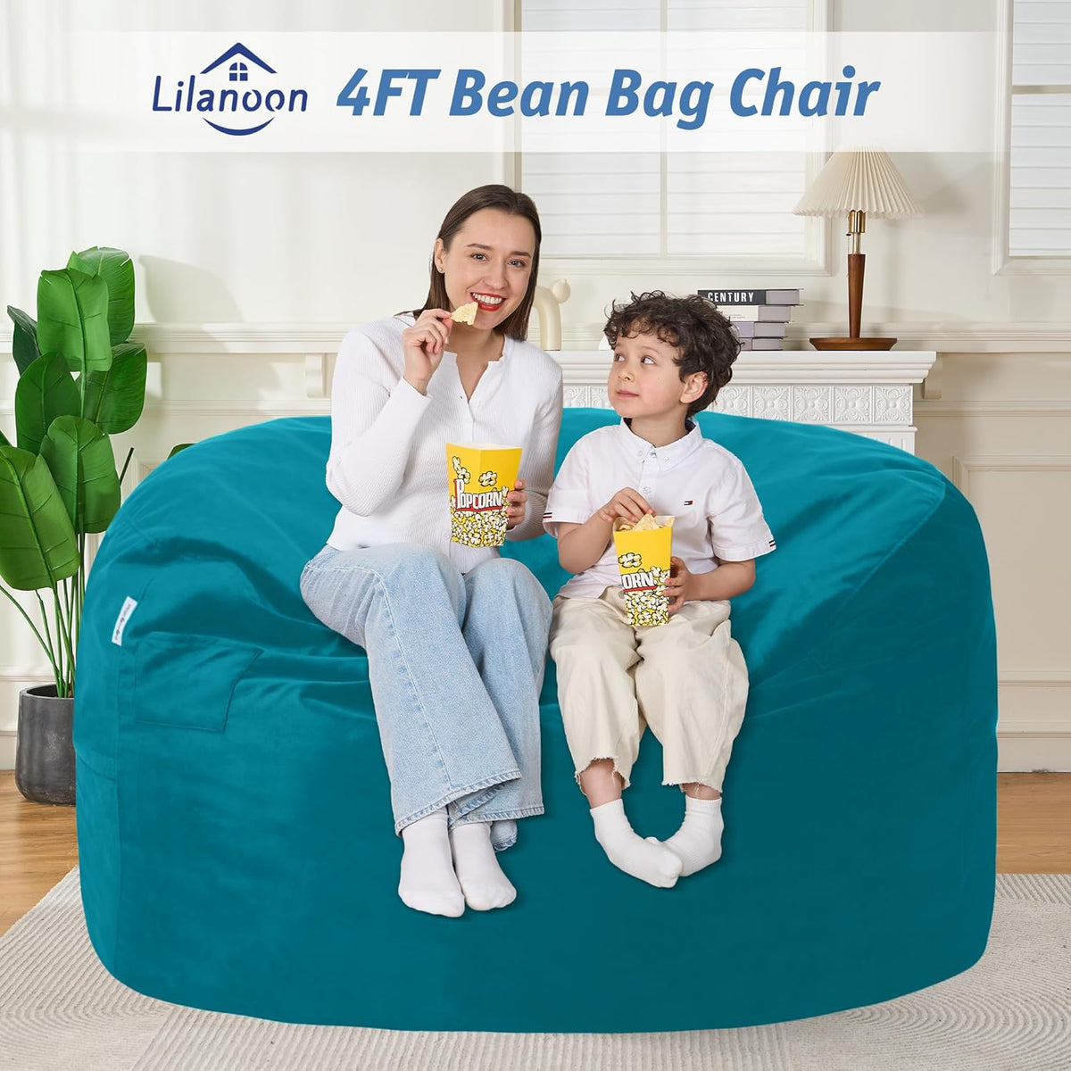 4FT Bean Bag Chair with Ultra Soft Velvet Cover Bean Bag Sofa with Memory Foam Bean Bag Chairs with Large Size Lazy Sofa for Dorm Office Living Room Bedroom Sea Blue 4'