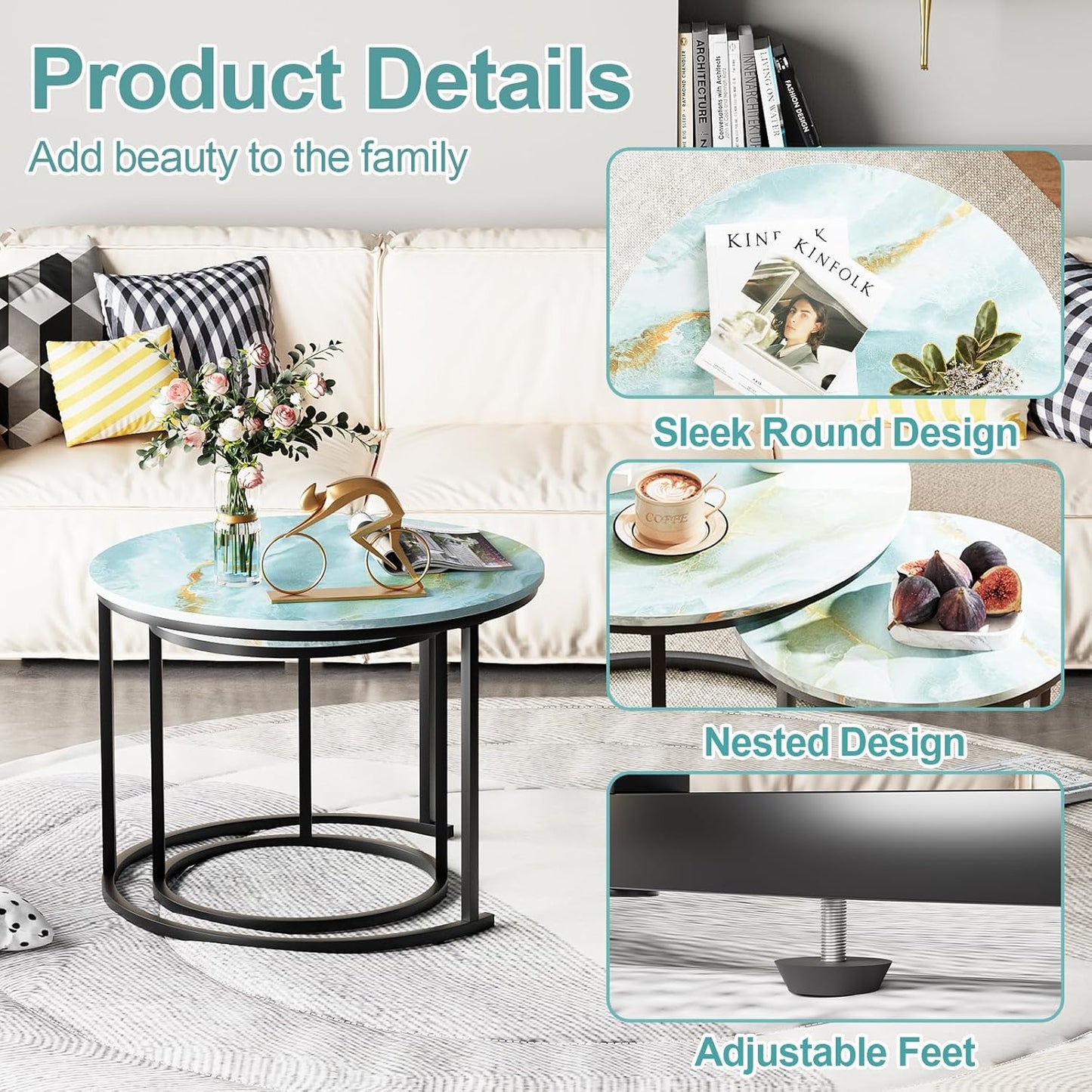 Garden 4 you Nesting Coffee Table, 23.6" Round Coffee Table Set of 2, Wooden Nesting Table Set for with Metal Frame, Side Tables for Living Room Bedroom Balcony, Blue