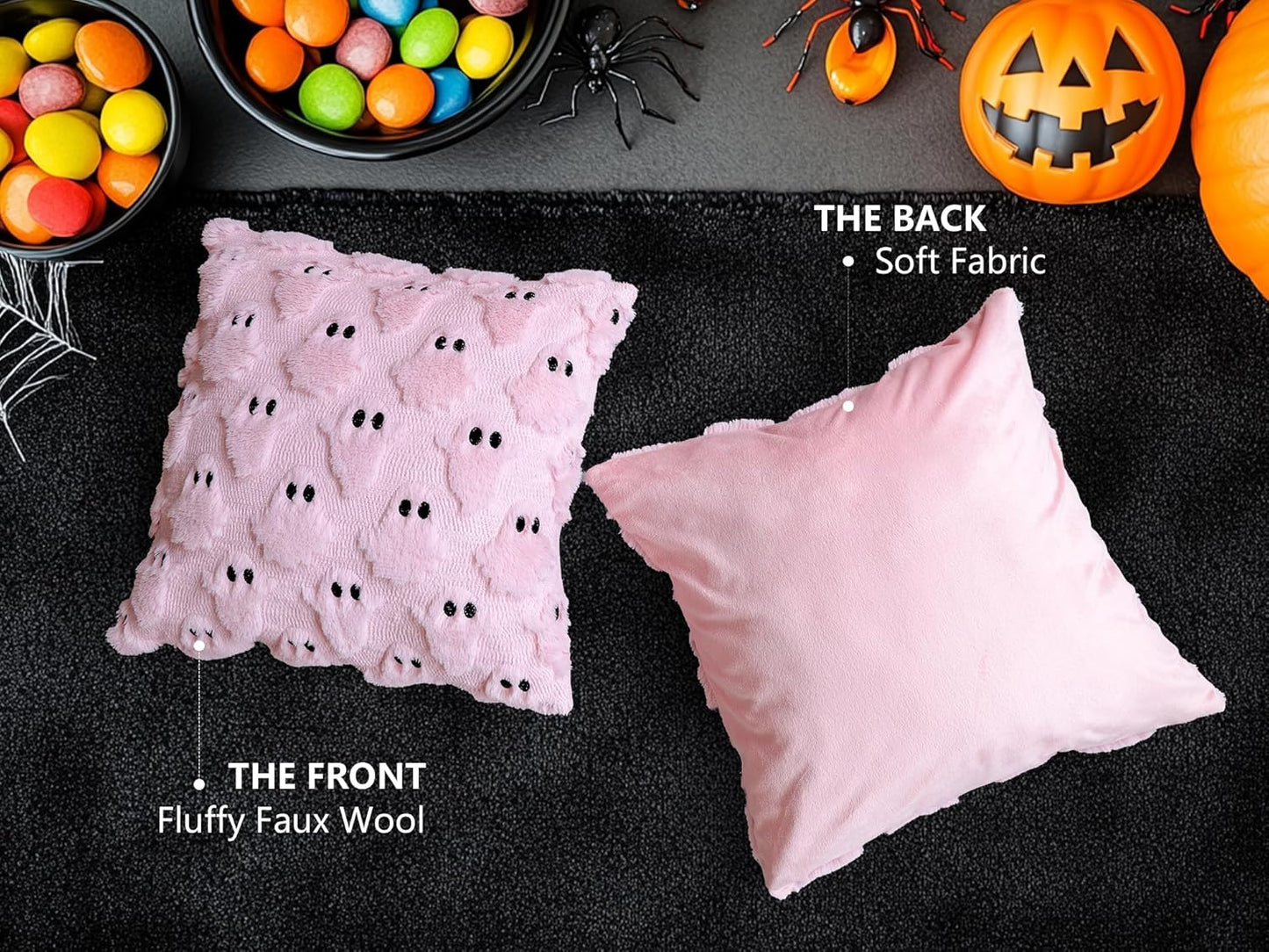 4TH Emotion Halloween Ghost Decorative Pillow Covers 16x16 Set of 2, Pink Soft Plush Faux Fur Farmhouse Throw Cushion Cases for Fall Autumn Holiday Home Decorations