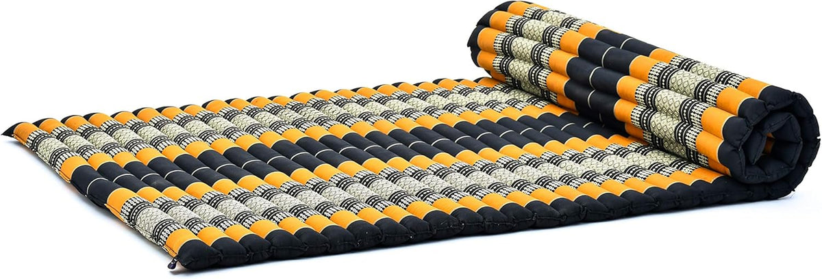 Leewadee - Kapok Roll Mat – Handcrafted Folding Sleep & Relaxation Mattress from Thailand, Ideal as Guest Bed, Camping Mat, Yoga Mat or Traditional Futon, 75 x 39 inches, Black Orange
