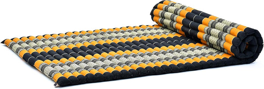 Leewadee - Kapok Roll Mat – Handcrafted Folding Sleep & Relaxation Mattress from Thailand, Ideal as Guest Bed, Camping Mat, Yoga Mat or Traditional Futon, 75 x 39 inches, Black Orange