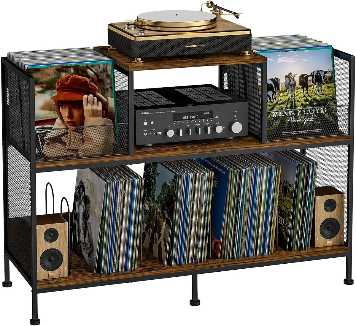 Large Vintage Record Player Table with 4 Adjustable Dividers, Vinyl Record Storage Cabinet for Up to 350 Albums, Medieval Turntable Stand for Living Room, Bedroom (Patent Pending)
