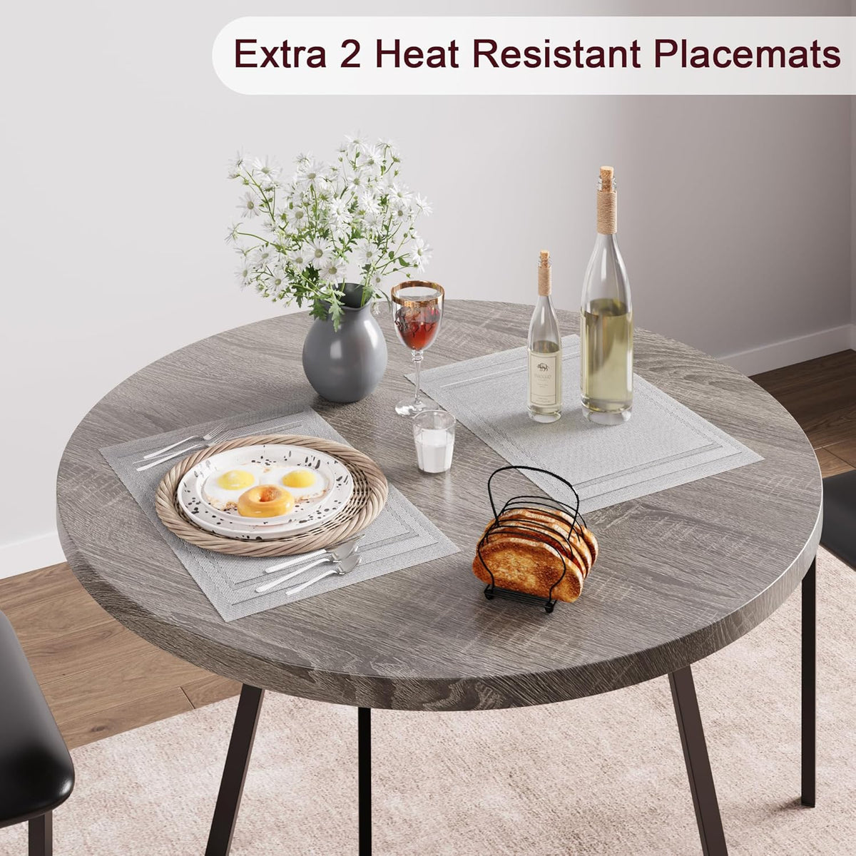 CABIHOME Dining Table Set for 2, Round Kitchen Table Set, Dining Table Set with 2 Upholstered Chairs, 3 Piece Kitchen Table Set for Small Space, Apartment, Retro Gray