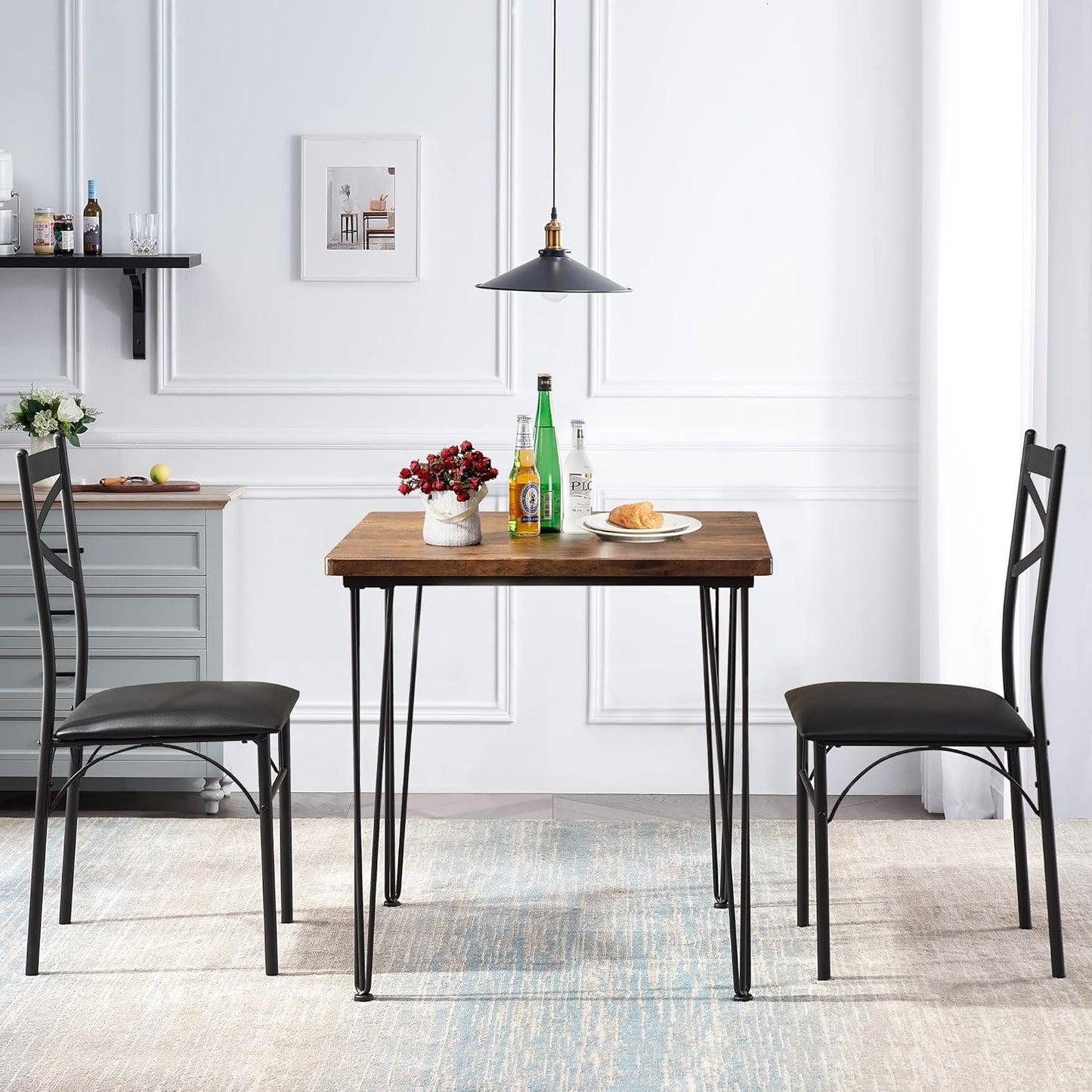 VECELO 3-Piece Dining Room Kitchen Table and Pu Cushion Chair Sets for Small Space