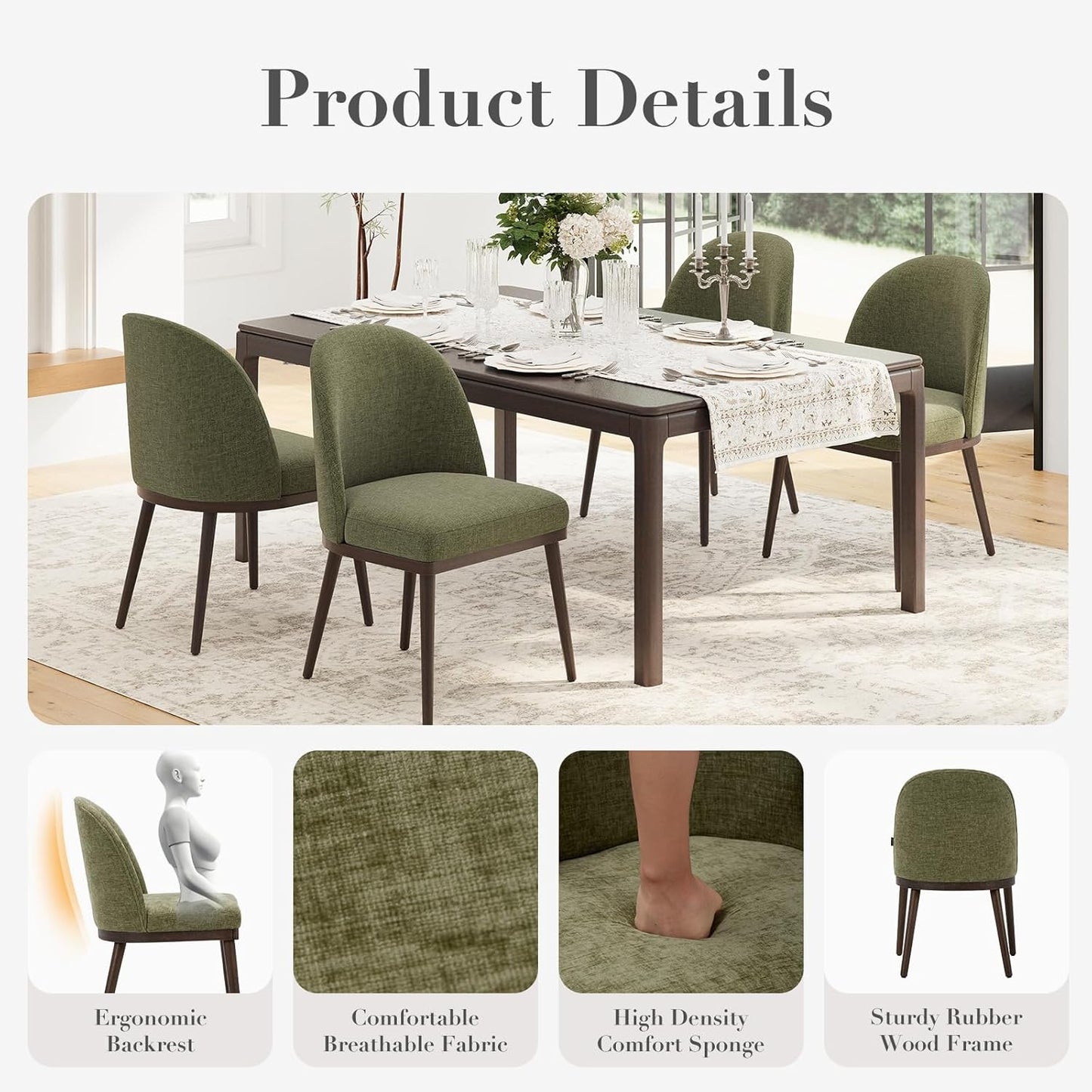 COLAMY Upholstered Dining Chairs Set of 2, Large Dining Room Kitchen Chairs with High Back and Deep Seat, Modern Fabric Dinner Chairs with Wood Legs, Green