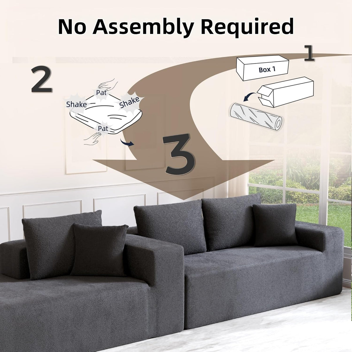 Cloud Sectional Couch, 104”L-Shape Oversized Sofa with Right Chaise Lounge, Modular Sleeper Couch with Pillows & Deep Seat, Rain Drop Velvet Fabric Compressed Sofa for Living Room, Dark Gray