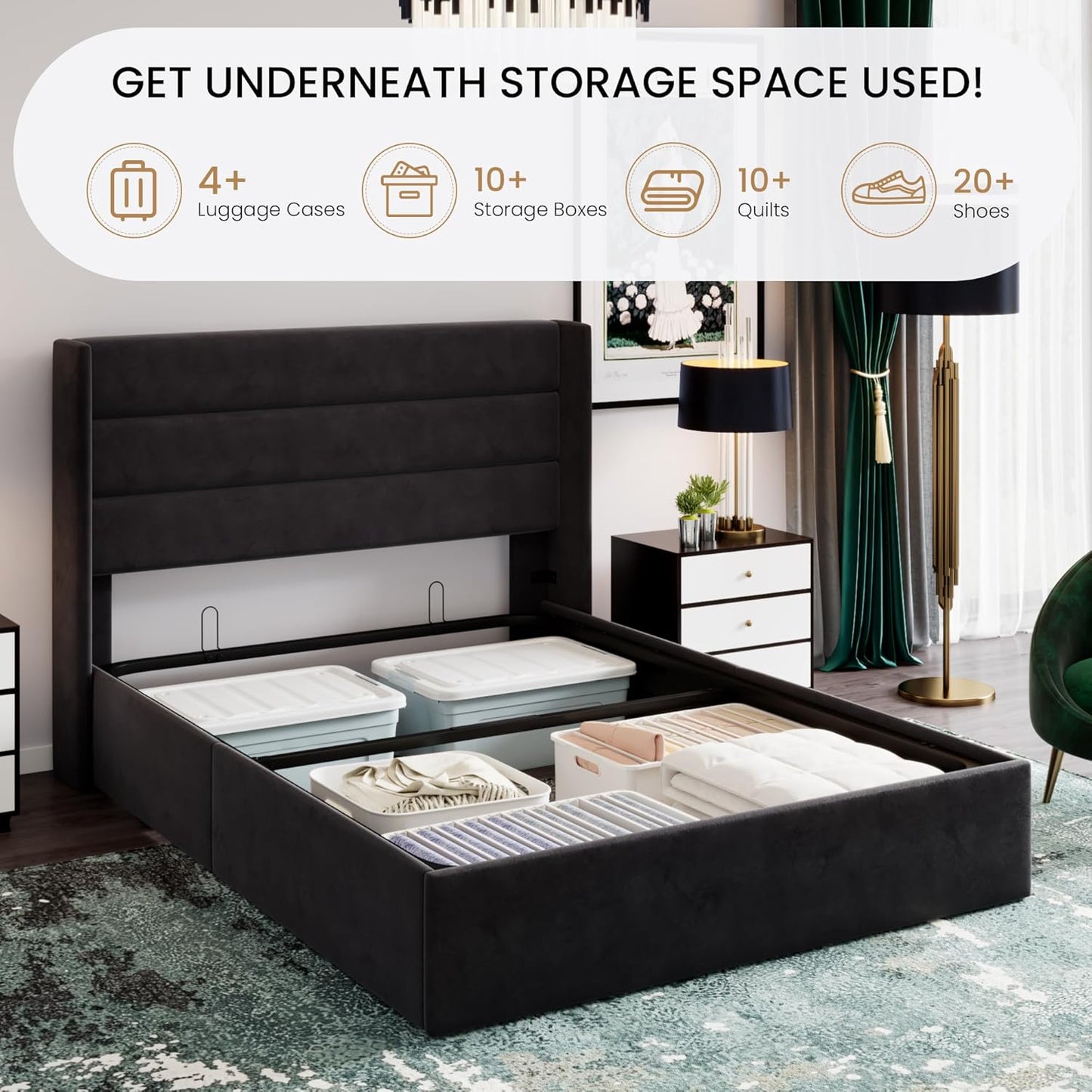 SHA CERLIN Full Size Lift Up Storage Bed/Velvet Upholstered/Modern Wingback Headboard/Upholstered Platform Bed Frame/Hydraulic Storage/No Box Spring Needed/Black