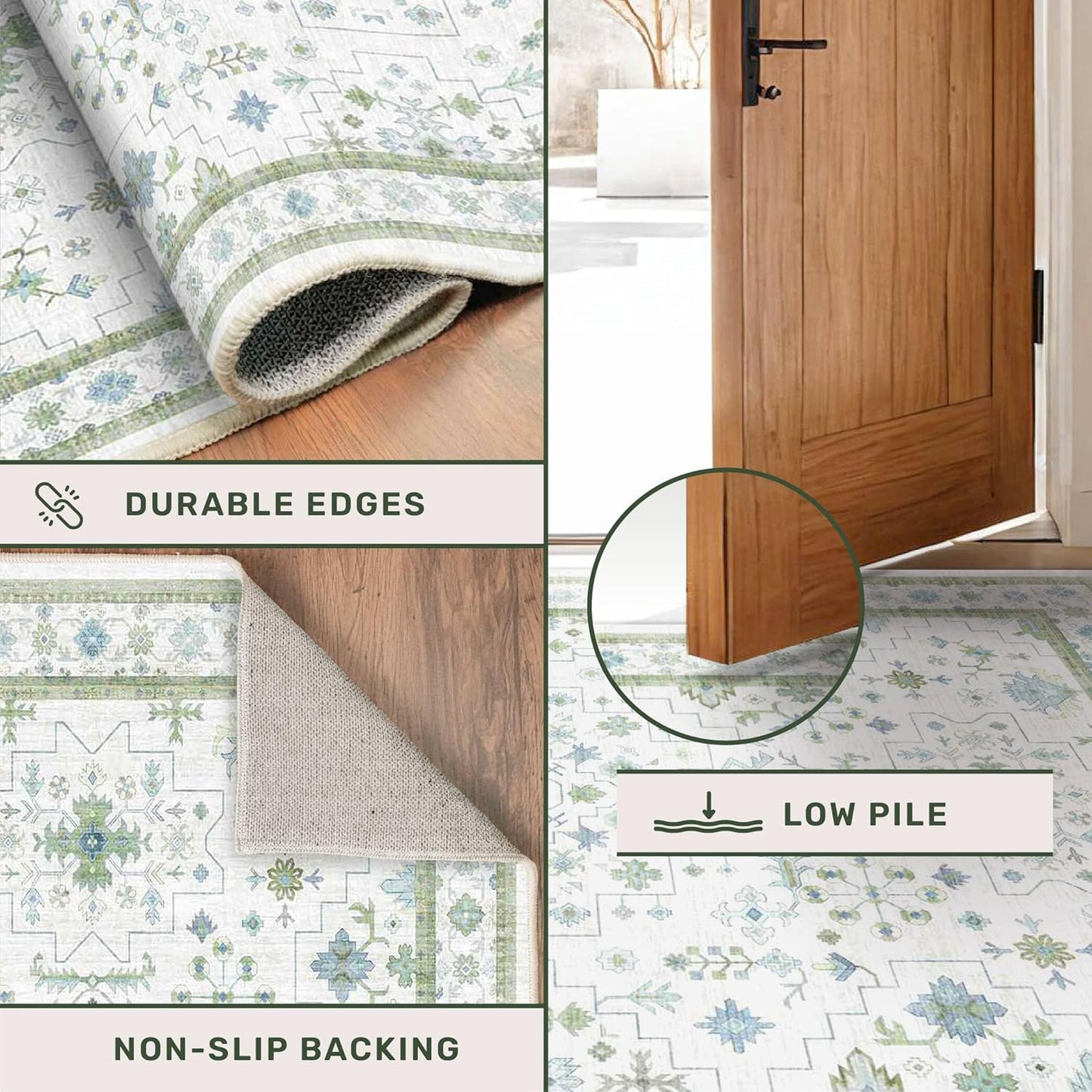 Oushak 3x12 Wide Hallway Runner Rug - Vintage Turkish Floral, Washable Low Pile Non Slip 12ft Long Runners for Large Kitchen, Hall Way - Light Blue and Green