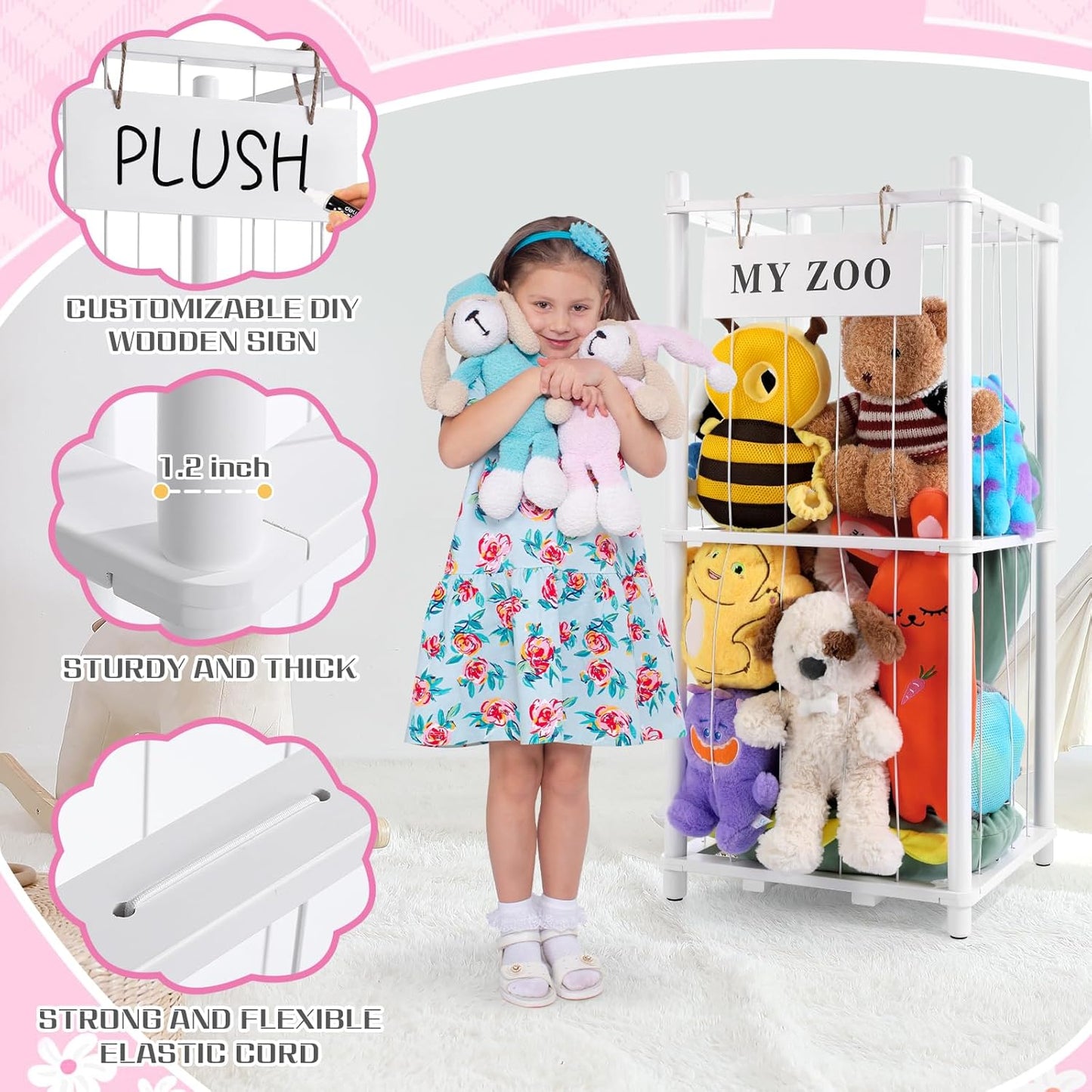 Stuffed Animal Storage Zoo, Wooden Stuffed Animal Organizer with Elastic Cords for Boys Girls, Space Saving Toy Plushies Storage Holder for Playroom, Bedroom, Living Room (White, Small)