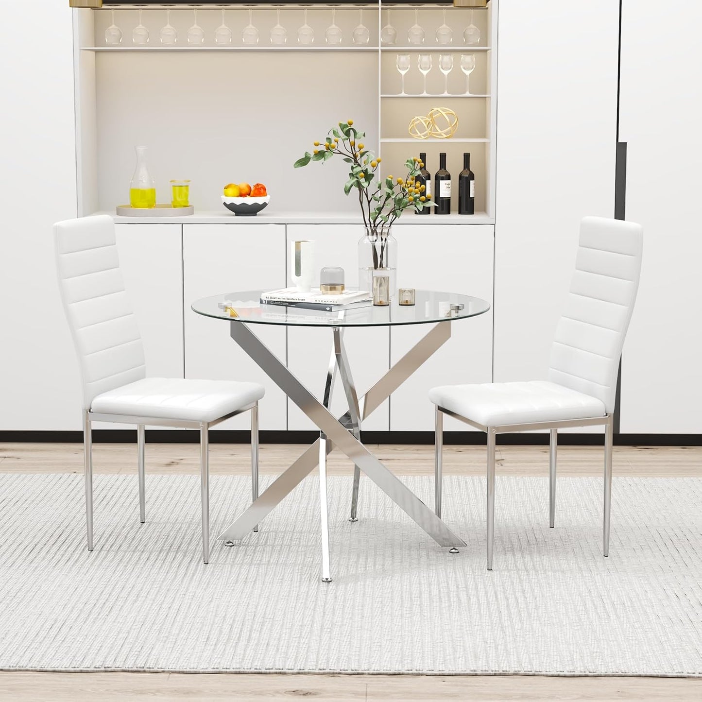Glass Dining Table Modern Kitchen Table with Silver Metal Legs 32 Inch Small Round Dining Table for Apartment Kitchen Dining Room