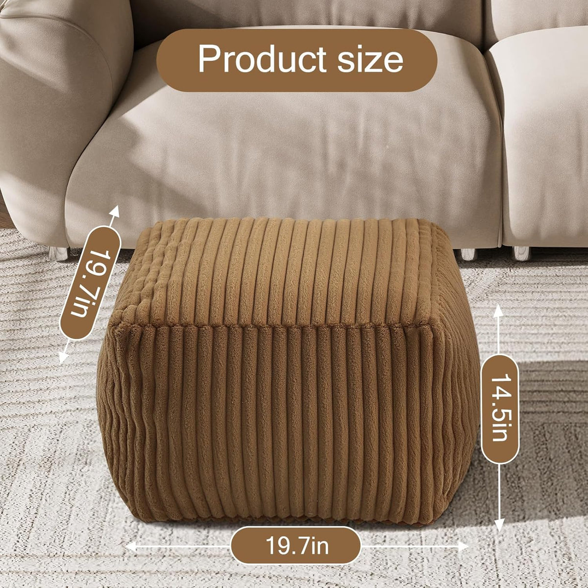 MeMoreCool Square Stuffed Pouf Ottoman Foot Rest, Stripe Furry Floor Pouf Foot Stool with Foam Chunk Filling, Soft Fluffy Stuffed Ottoman Footrest for Living Room, Faux Fur Coffee