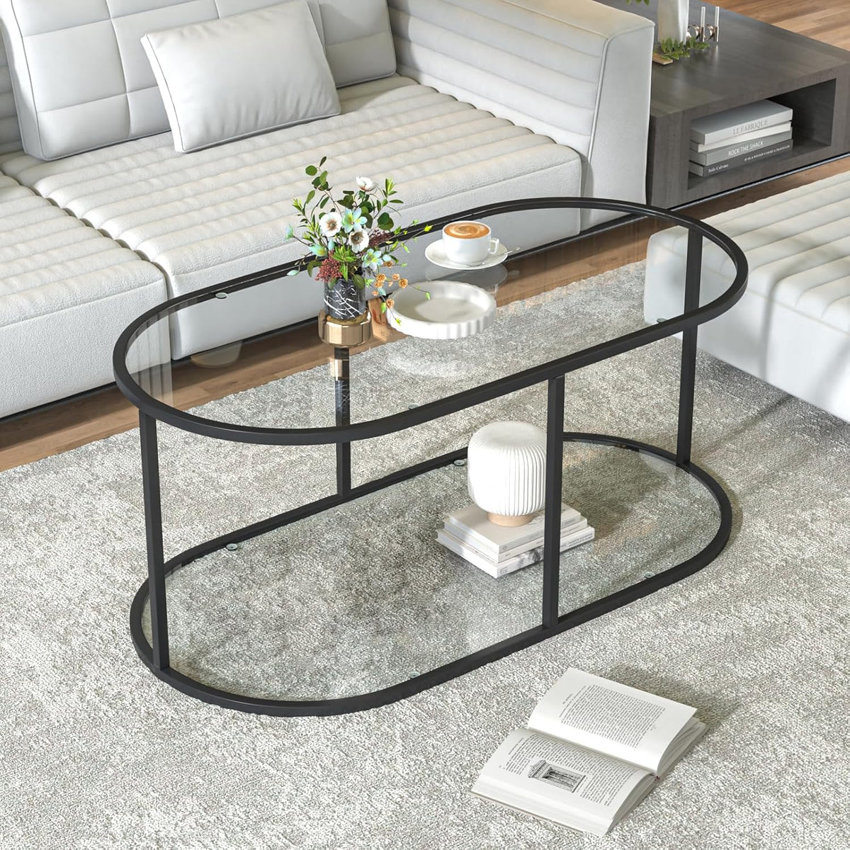Coffee Table Black Glass Coffee Table for Living Room,2 Tiers Oval Center Table with Sturdy Metal Frame,Modern Tempered Glass Accent Table for Bedroom Home Office