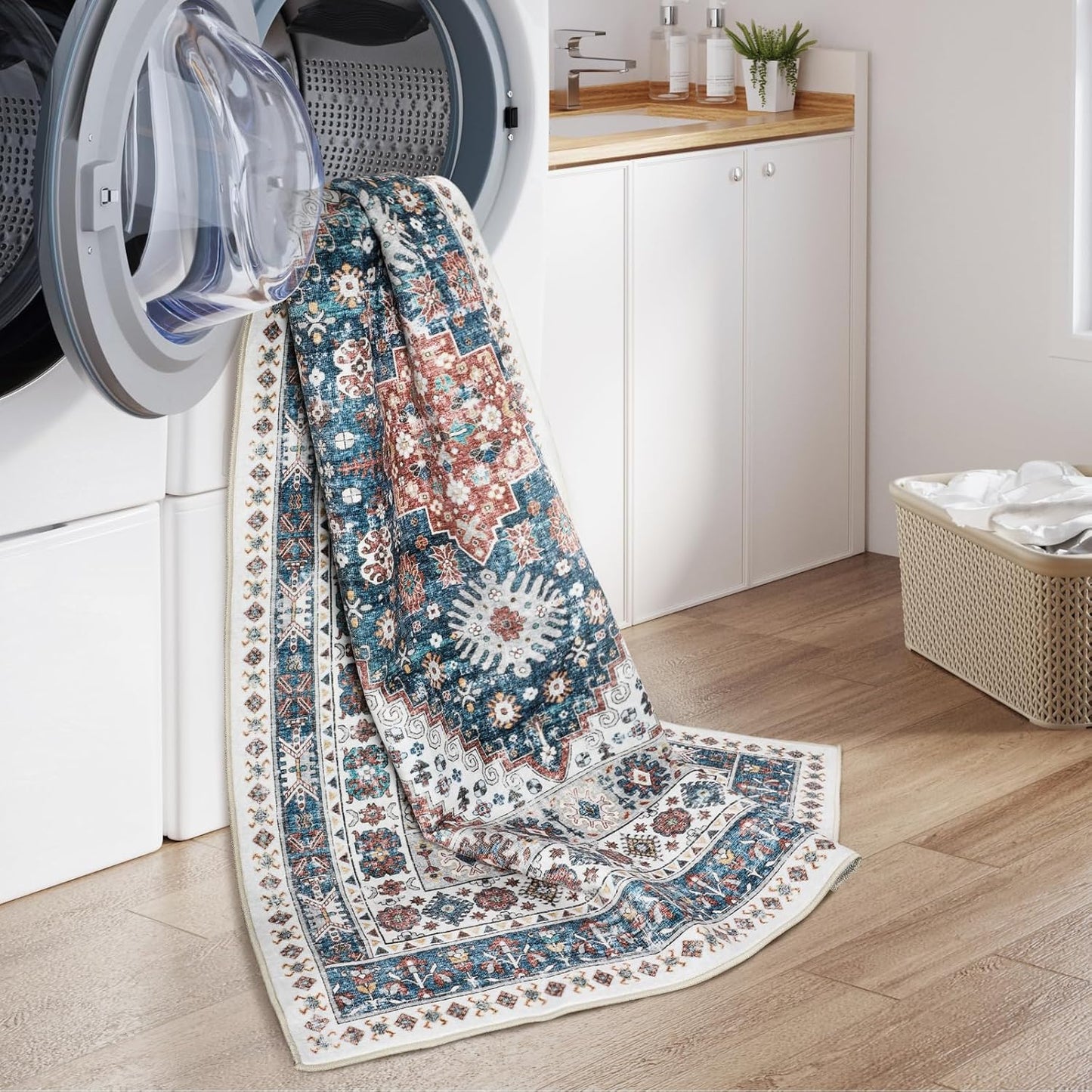 zesthome 5x7 Area Rugs - Ultra-Thin Washble Rug, Stain Resistant Anti Slip Backing Rugs for Living Room,Bedroom, Vintage Home Decor Area Rug (Navy Blue/Red,5'x7')