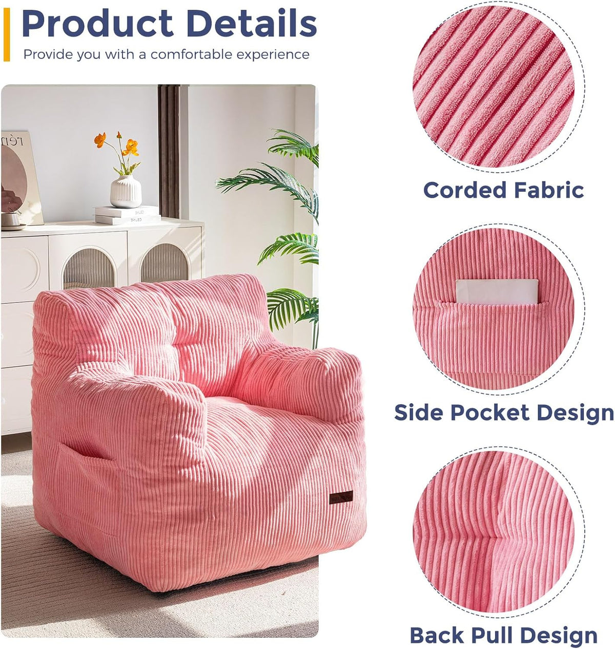 MAXYOYO Bean Bag Chair, Tufted Bean Bag Couch Lazy Chair, Living Room Sofa Couch with Filler for Adult Teens Kids, Corded Fabric Accent Sofa for Bedroom Dorm, Pink