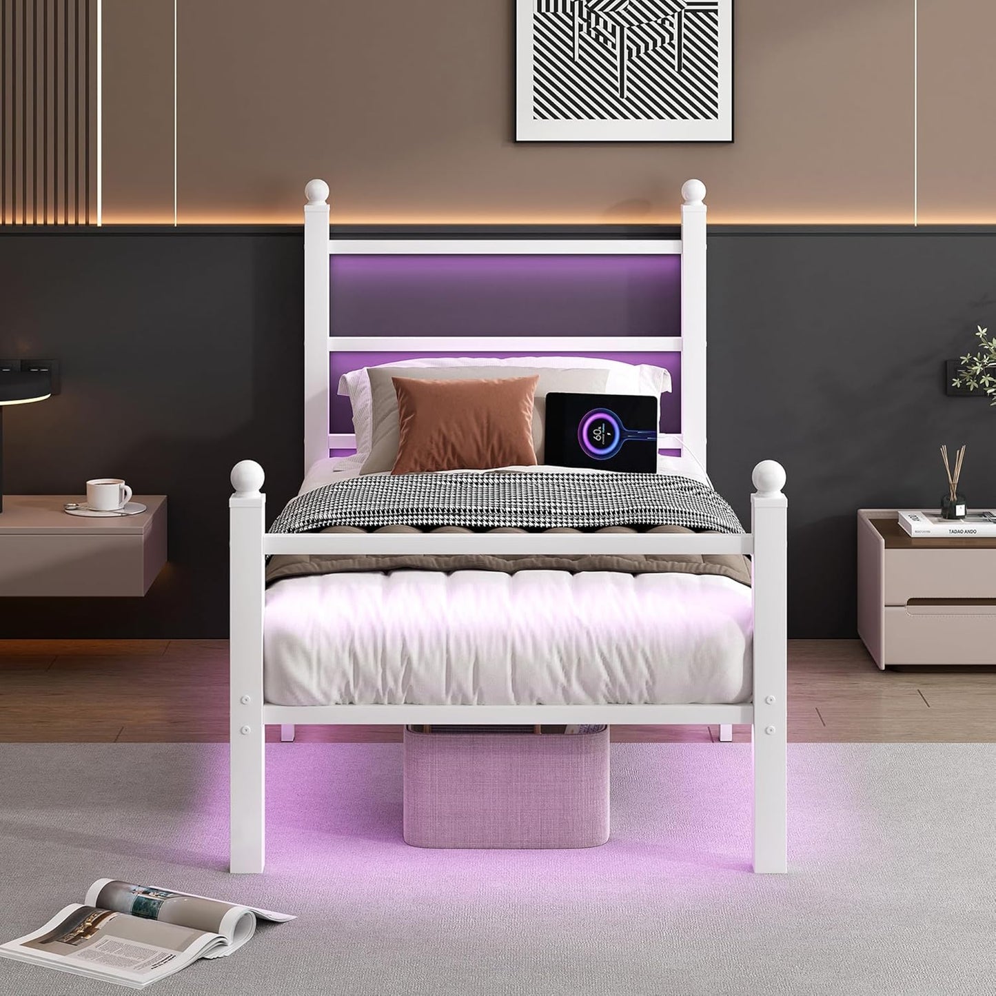 Twin Bed Frame with Headboard and Footboard,Steel Slats Support-LED Bed Frame with USB Charging Station,Mattress Foundation-Under Bed Storage,No Box Spring Needed,Noise Free,White